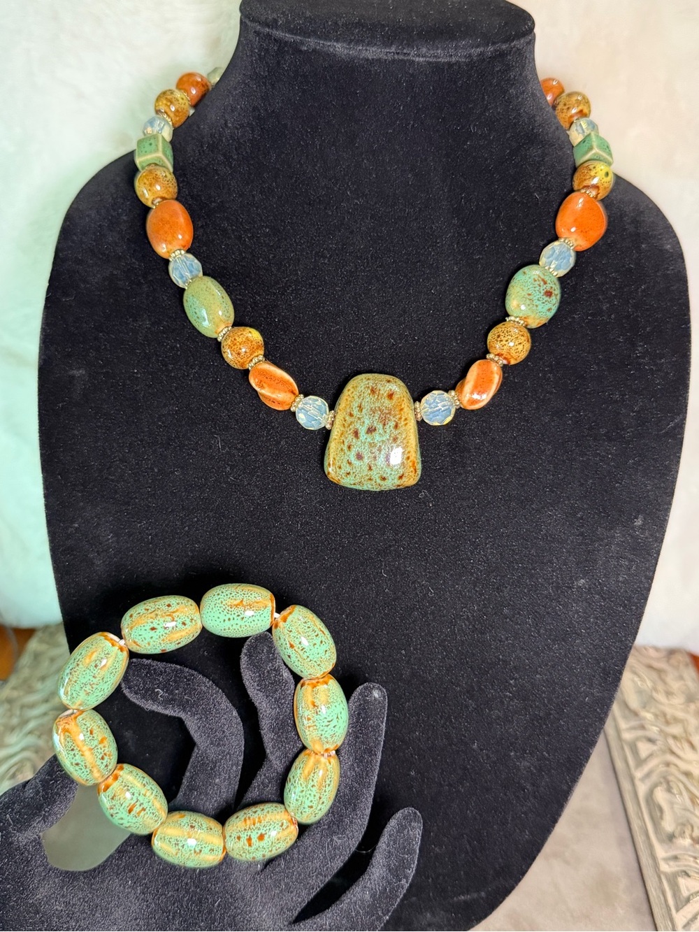 Artisan Green and Orange Ceramic Bead Necklace & Bracelet Set